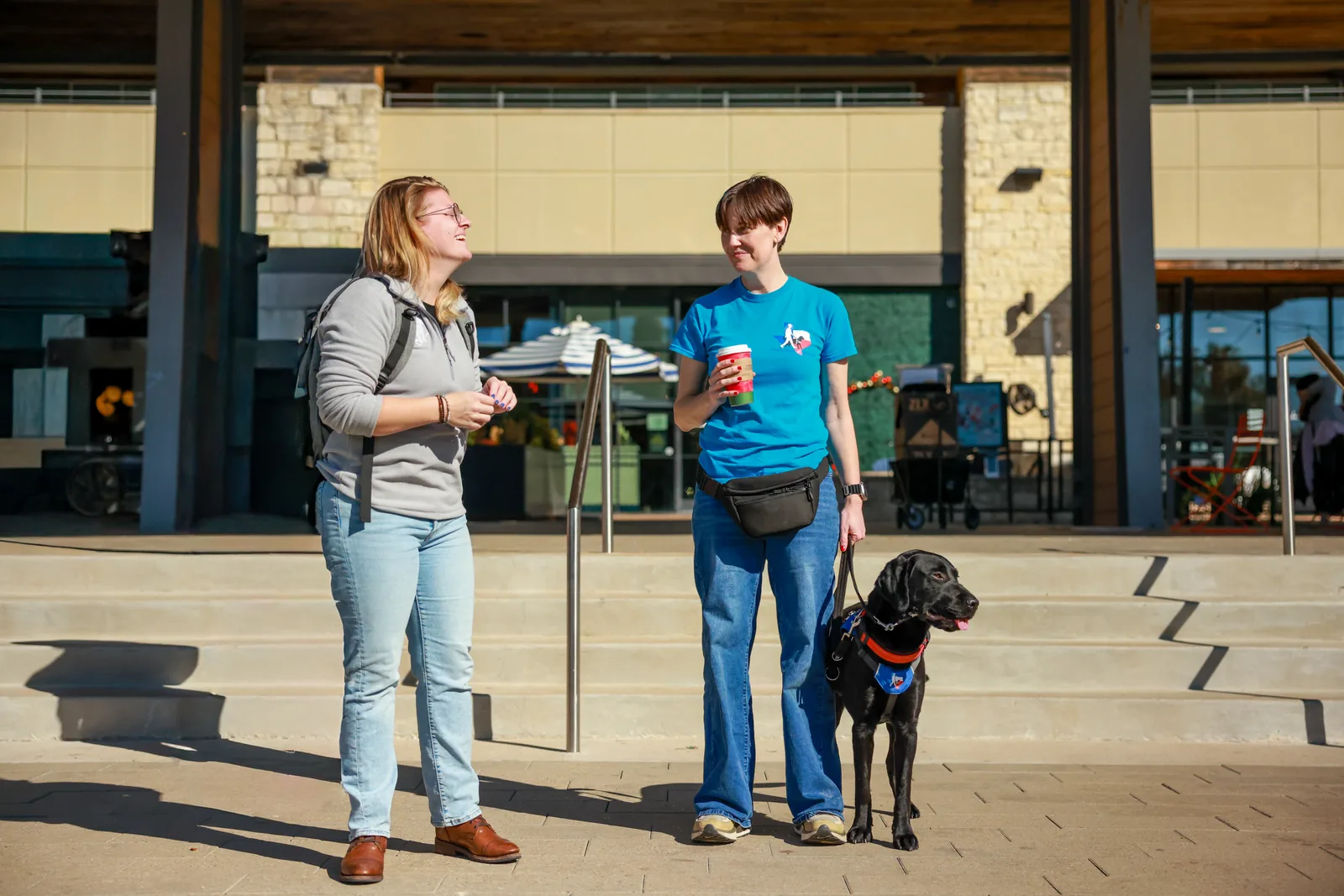 Black Labrador puppy in training standing with two volunteers outside a shopping center
